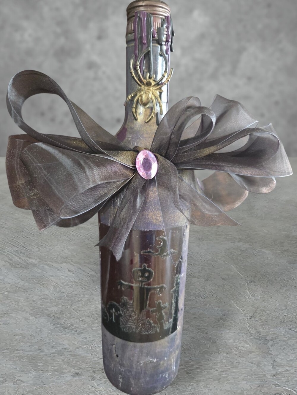 Hand-Decorated Halloween "Spell" Wine Bottle